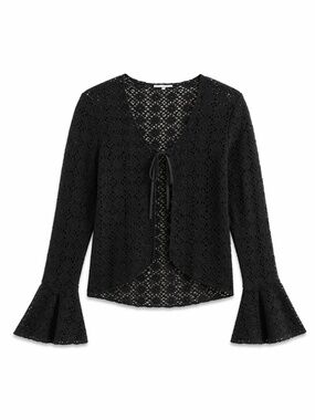 Black Crochet Tie-Front Top with Flared Sleeves – Girls Size 7 EUC